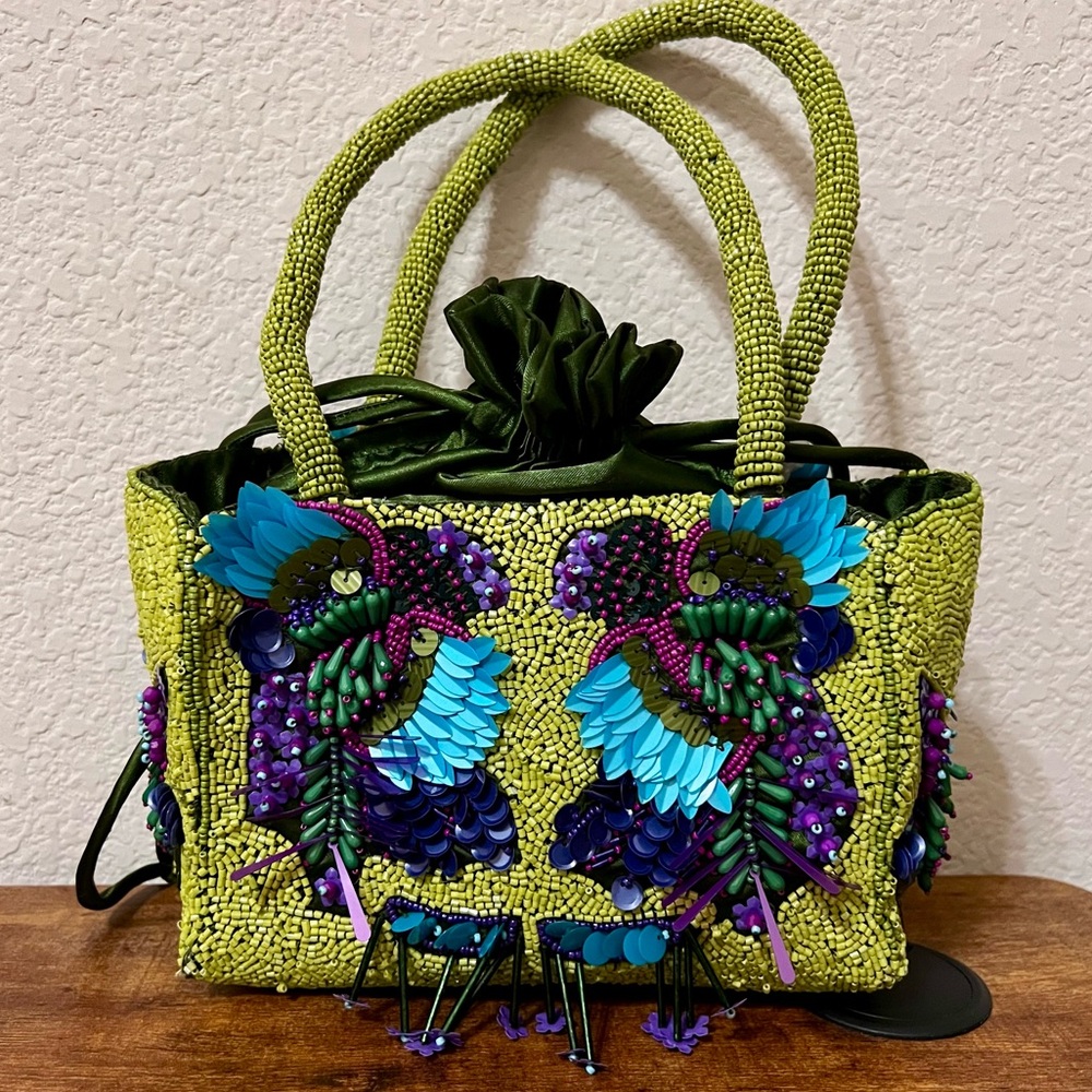 Beaded Lime Green Bag with Blue & Purple Embellished Birds